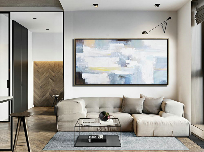 Huge Abstract Painting On Canvas,Horizontal Palette Knife Contemporary Art Panoramic Canvas Painting,Hand Paint Large Art,White,Grey,Yellow,Brown.etc